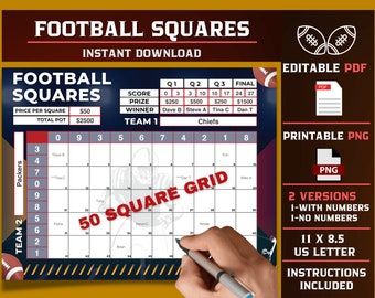 Cuadrados de fútbol, 50 cuadrados, plantilla PDF editable, archivo PNG imprimible, supercuadrados, cuadrados de 10 x 5, plantilla de billar