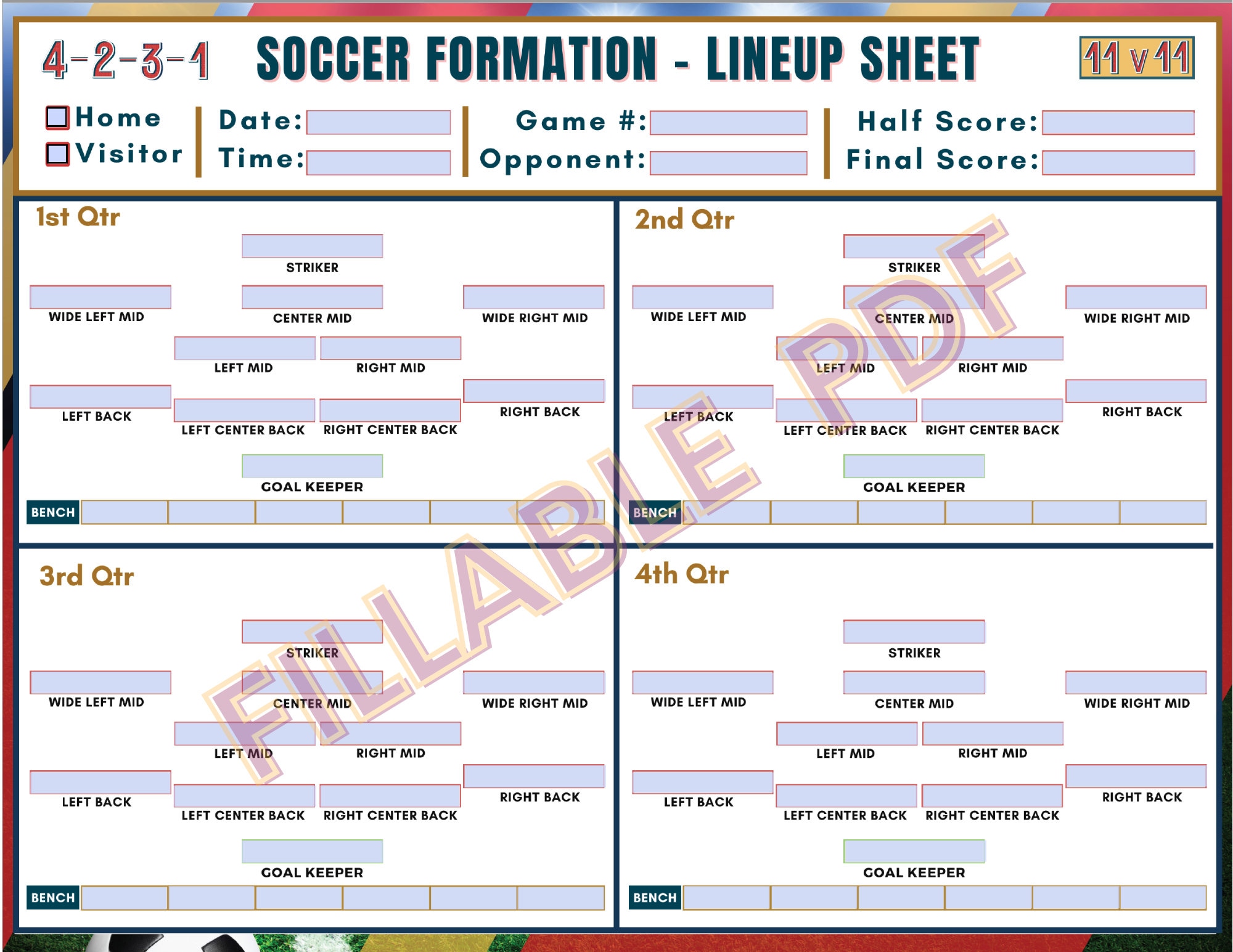 11v11 Soccer Formation Lineup Sheet, Fillable PDF, Soccer Training ...
