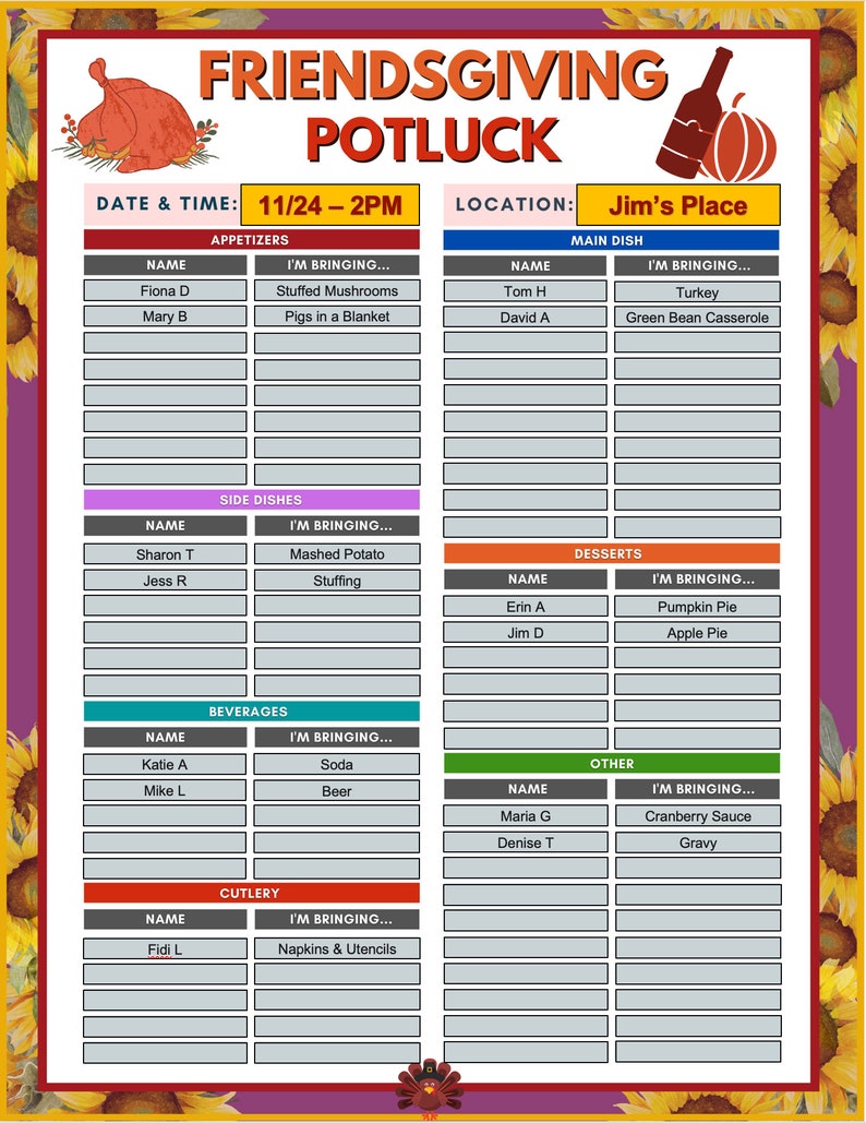 Friendsgiving Potluck Sign up Sheet, Google Slides, Editable PDF, Food Friendsgiving Potluck Sign up Sheet, Google Slides, Editable PDF, Food
