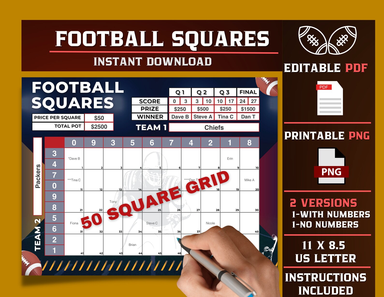 Football Squares 50 Squares Editable PDF Template Printable - Etsy
