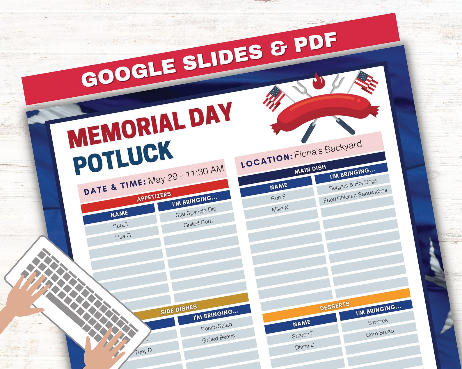 Memorial Day Potluck Sign up Sheet, Google Slides, Editbale PDF ...