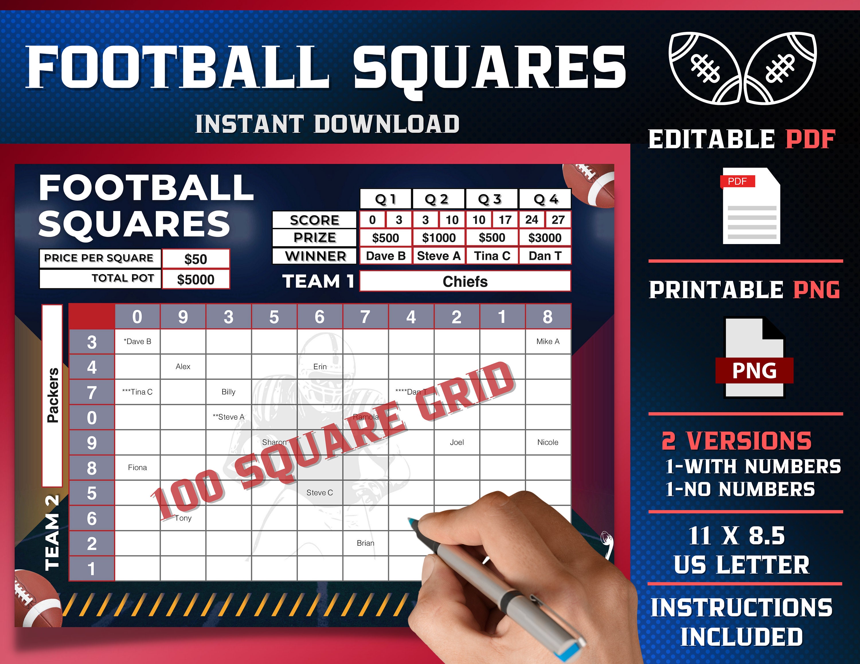 Football Squares 100 Squares Editable PDF Template Etsy