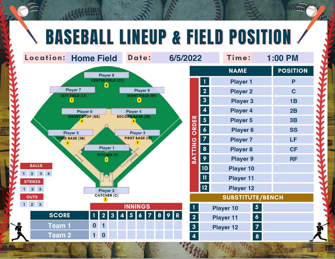 Baseball Lineup and Field Position Baseball Batting Order Etsy