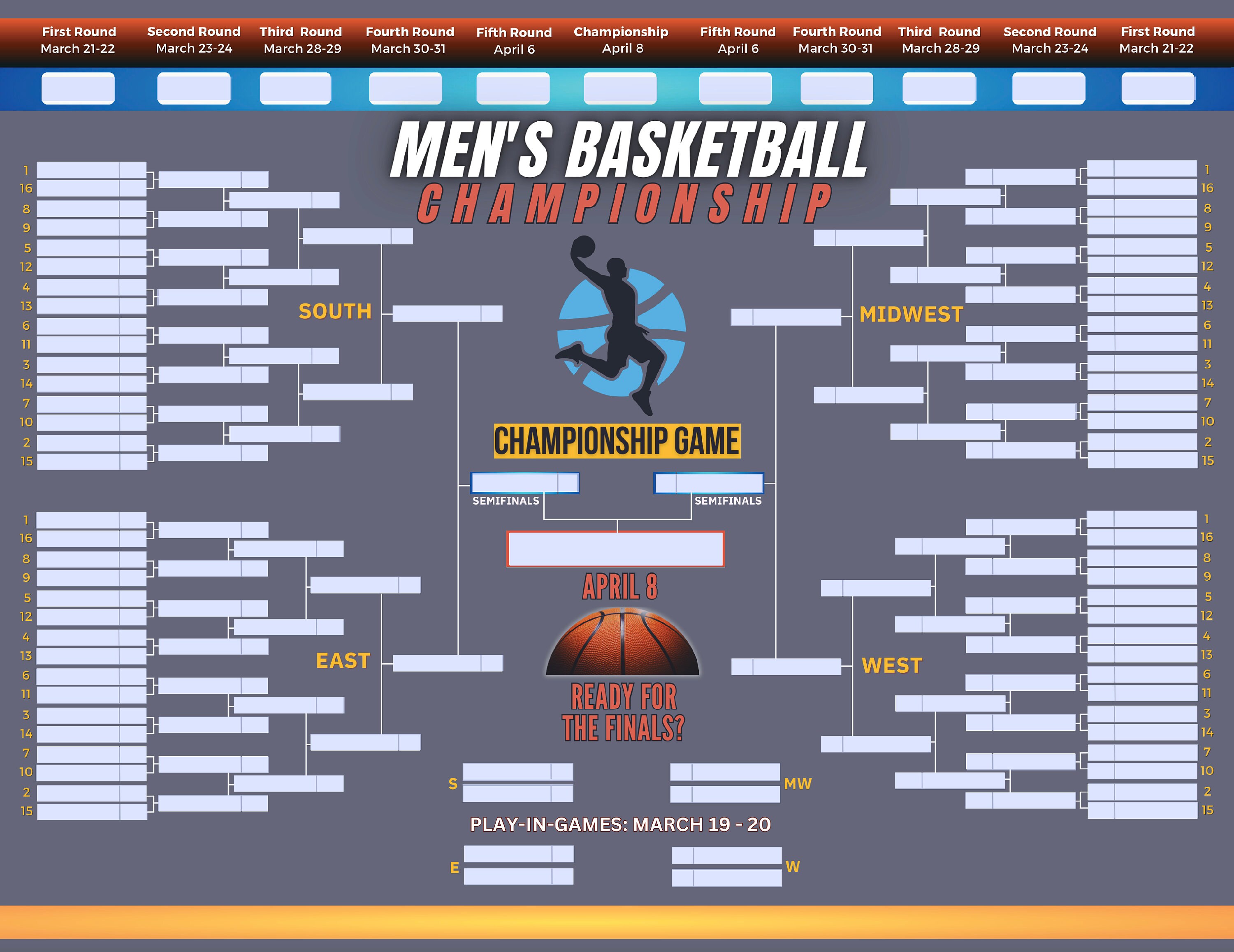 2024 Printable Men's Basketball Championship, Men's March Brackets ...