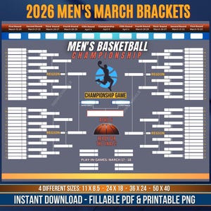 2026 Printable Men's Basketball Championship, Men's March Brackets, Basketball PNG, College Basketball Bracket, Basketball Tournament