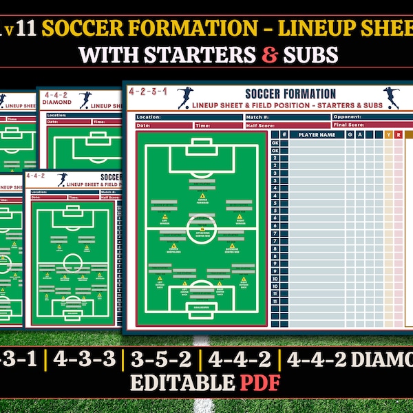 11v11 Fußball Formation Lineup Sheet mit Startern und Ersatzspielern, ausfüllbares PDF, Goodnotes Planer, Fußballtrainer Planer, High School Fußball