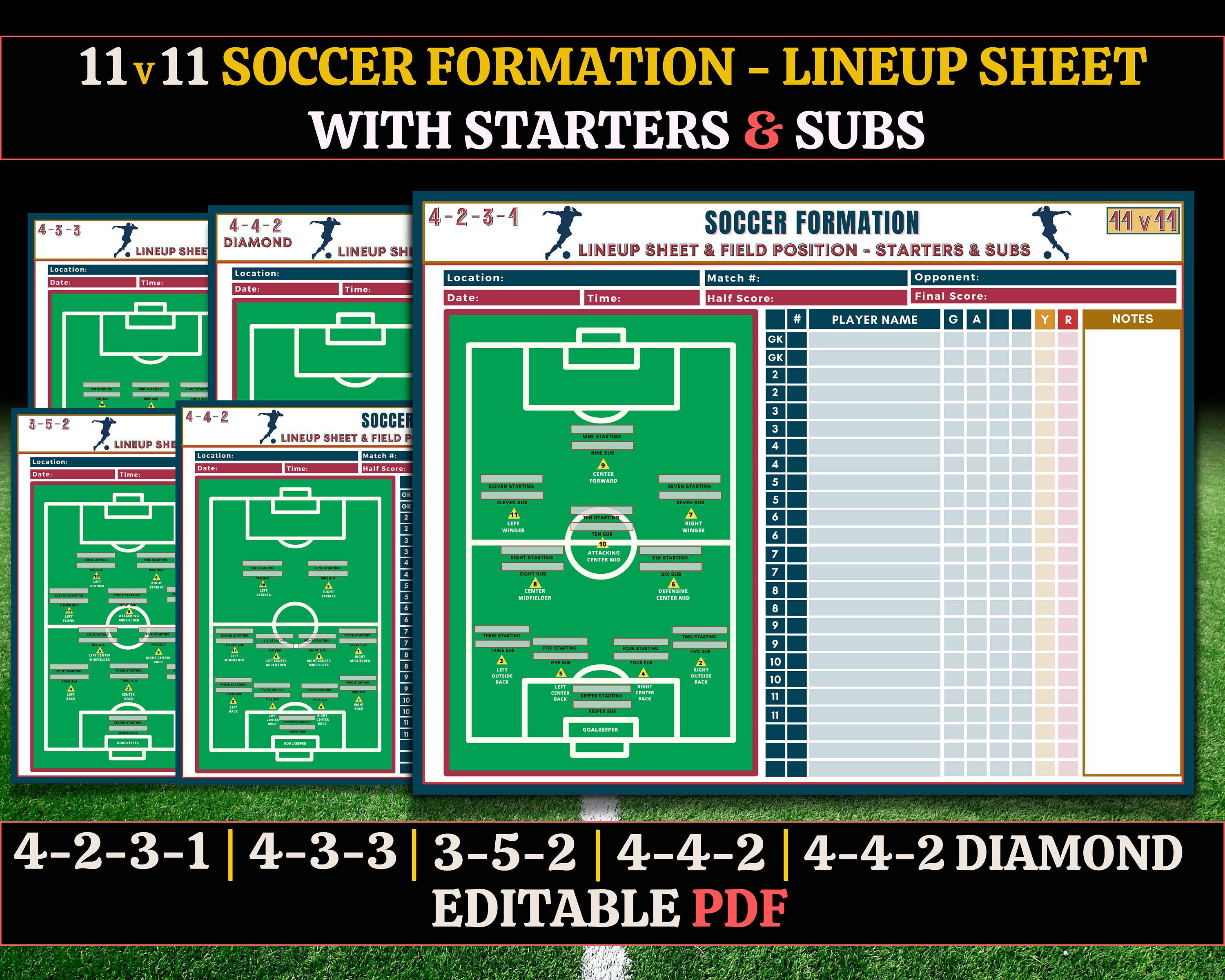 11v11 Soccer Formation Lineup Sheet With Starters And Subs Fillable 