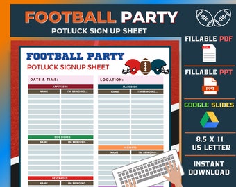 May include: Printable football party potluck sign up sheet template. The template has sections for appetizers, main dish, side dishes, desserts, and beverages. The template is designed to be filled out by guests attending the party.