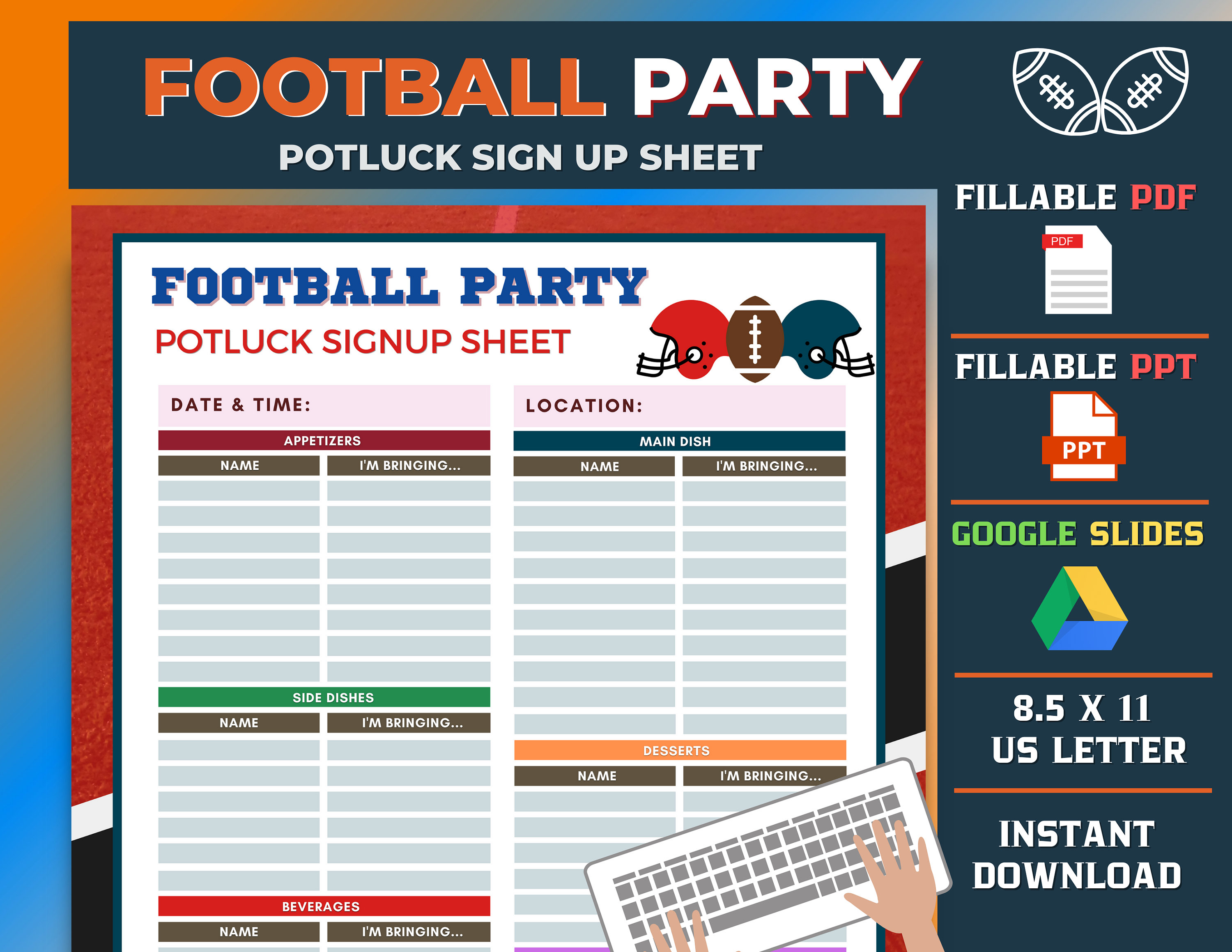 Football Party Printable Potluck Sign up Sheet Google - Etsy