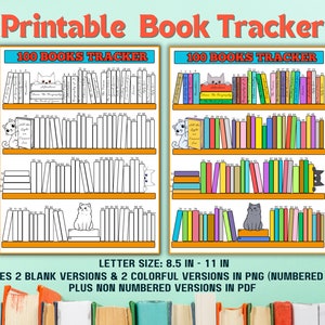 Afdrukbare boektracker, 100 boeken, 4-in-1 boektracker, 2 blanco en 2 voorgekleurde ontwerpen, allemaal in letter-formaat, bonus-pdf-bestand met niet-genummerde boeken