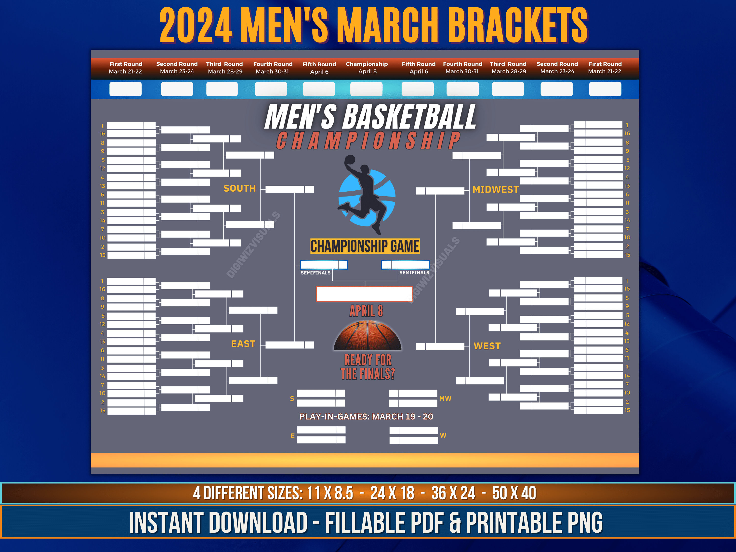 2024 Printable Men's Basketball Championship, Men's March Brackets