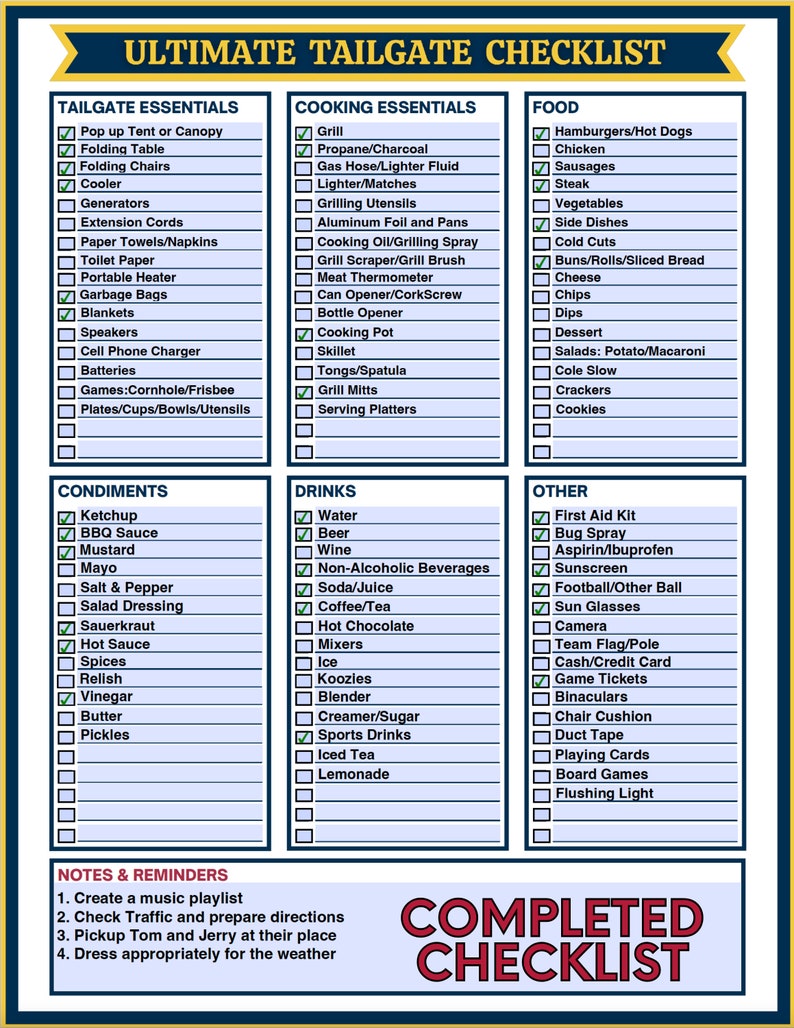 Ultimate Tailgate Checklist Printable, Football Tailgate Checklist