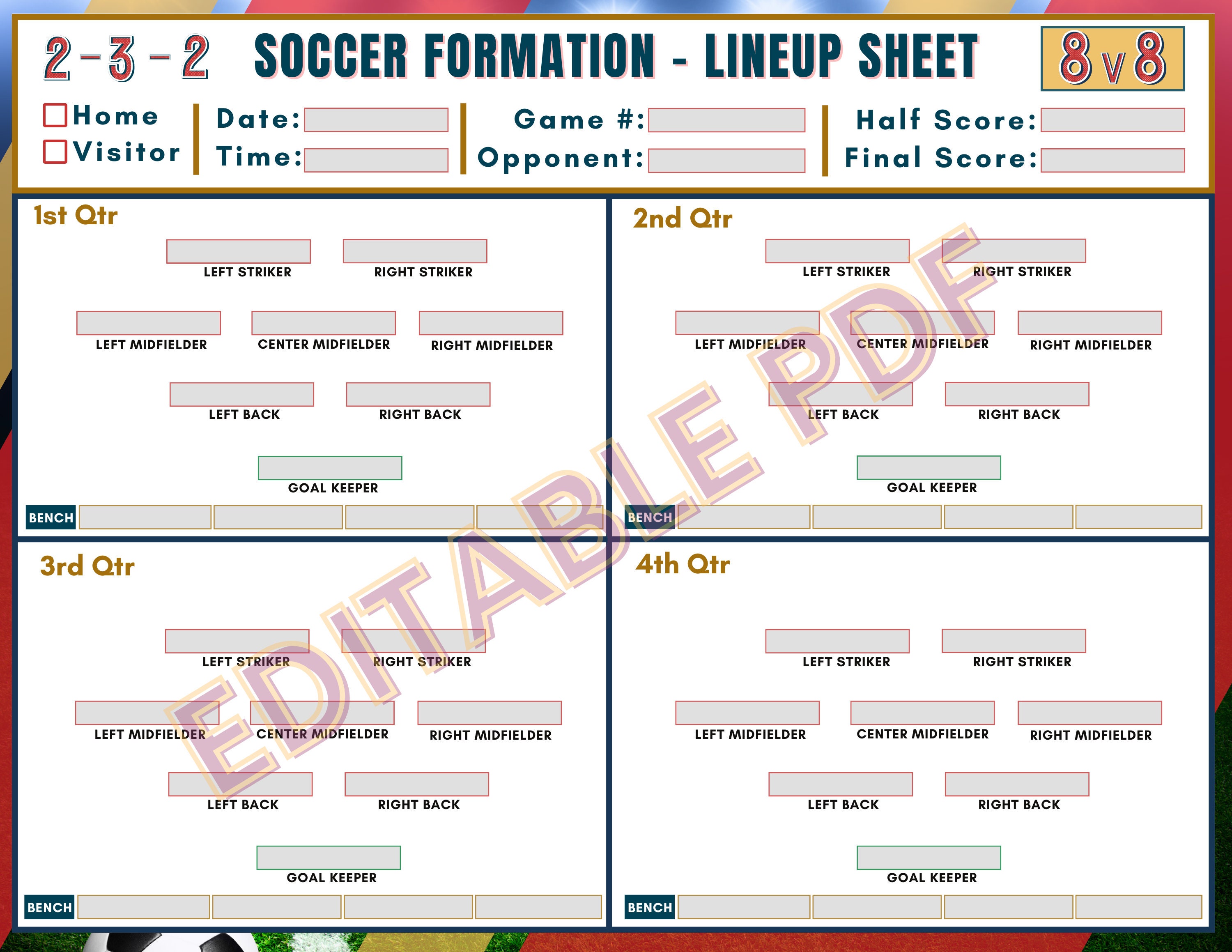 8v8 Soccer Formation Lineup Sheet, Editable PDF, Soccer Training