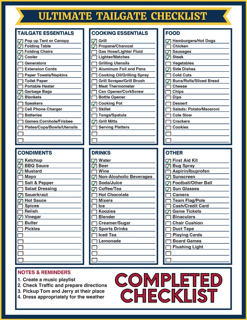 Ultimate Tailgate Checklist Printable, Football Tailgate Checklist