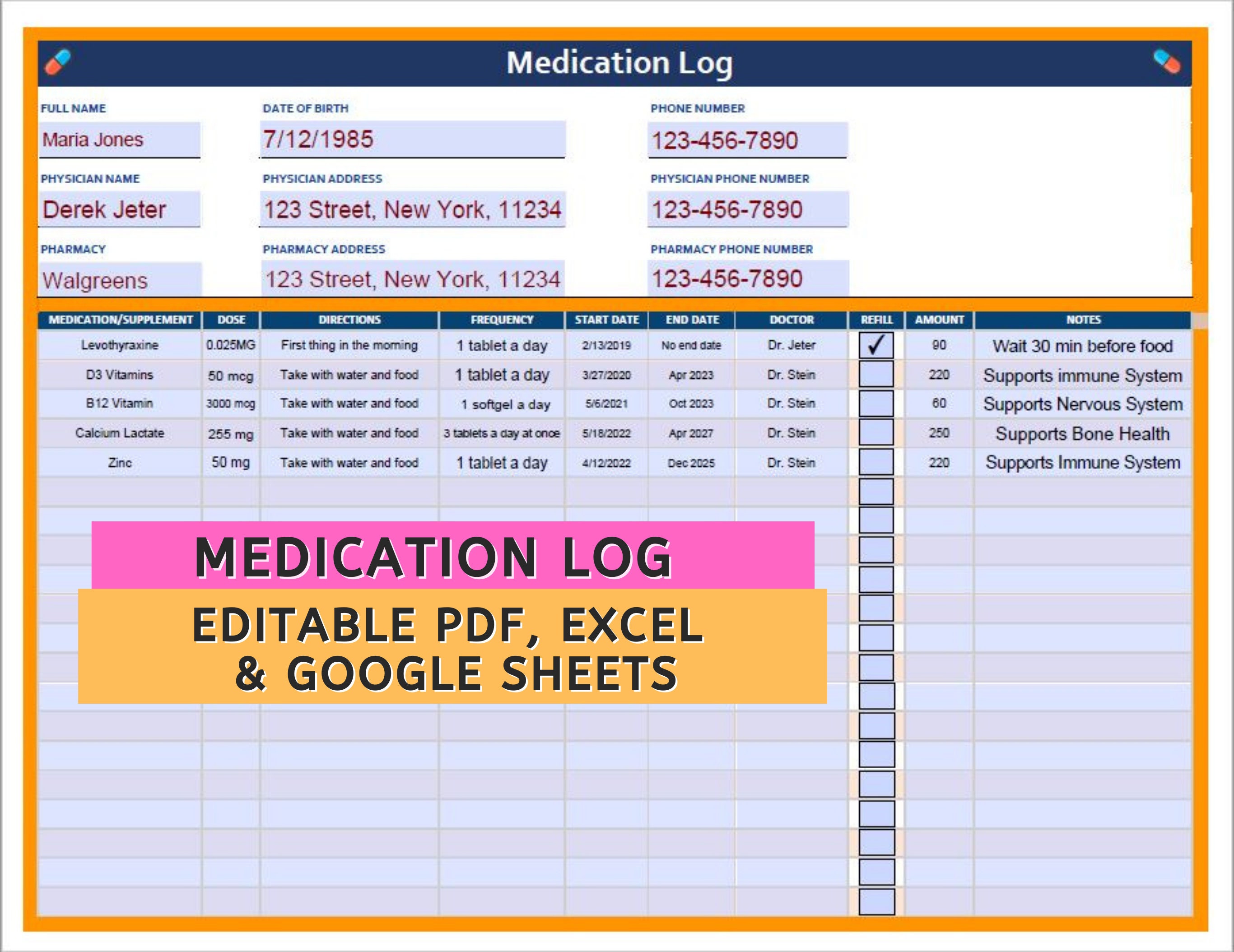 Printable Medication Log, Google Sheets, Printable Medication Tracker