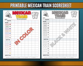 Dominó de tren mexicano a color y en blanco y negro, tarjeta de puntuación de tren mexicano, juego de dominó, descarga instantánea e imprimible en formato PNG.