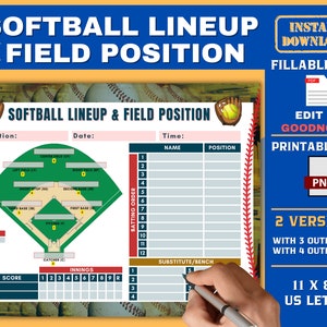 May include: Printable softball lineup and field position template. The template features a baseball diamond with player positions labeled. It includes a table for batting order, player names, and positions. The template is available in two versions: one with three outfielders and one with four outfielders. The template is 11 inches by 8.5 inches and is compatible with Goodnotes.