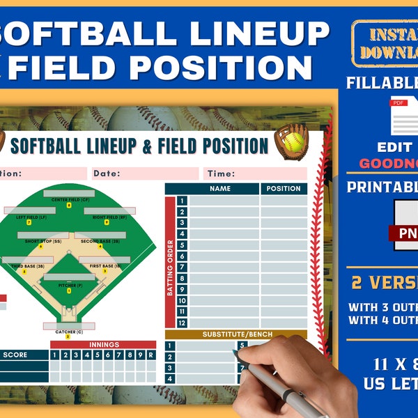 Softball Lineup and Field Position, Softball Batting Order, Editable Lineup, Coaching Print, Softball Roster, Dugout Helper,Scorecard