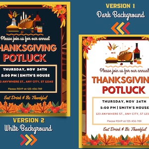 Thanksgiving Potluck Invitation, Thanksgiving Dinner, Instant Download, Potluck Flyer, Holiday Party Invite, Friendsgiving Invitation