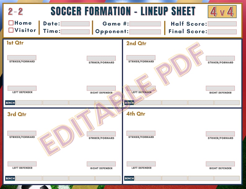 4v4 Soccer Formation Lineup Sheet, Soccer Coach Planner, Youth Soccer