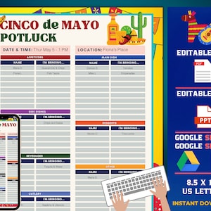 Puede incluir: Plantilla de hoja de inscripción para un potluck del Cinco de Mayo, editable e imprimible. La plantilla incluye secciones para aperitivos, plato principal, guarniciones, postres, bebidas, cubiertos y otros. La plantilla está disponible en los formatos PDF, PPT, Google Slides y Google Sheets. La plantilla mide 8,5 x 11 pulgadas y es una descarga instantánea.