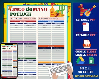 Hoja de registro para la comida compartida del Cinco de Mayo, edición en tiempo real con Hojas de cálculo de Google, Presentaciones de Google, diapositivas de PowerPoint rellenables y PDF rellenables