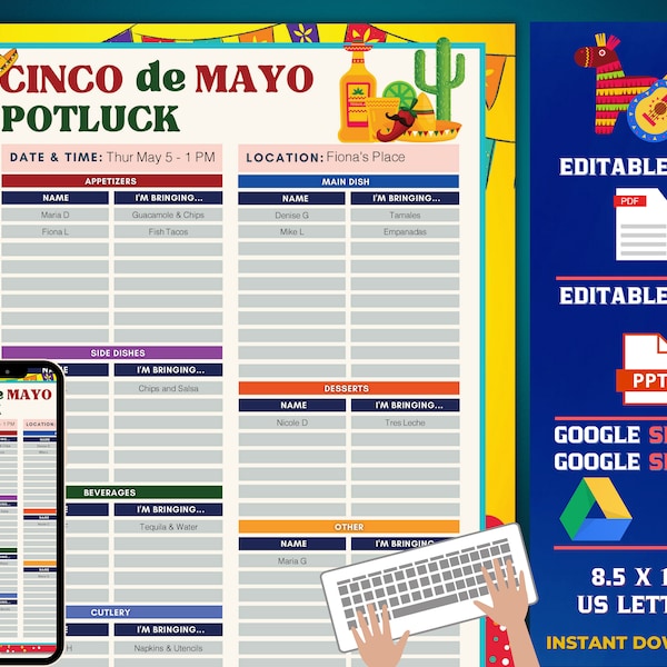 Hoja de registro de Potluck Potluck del Cinco de Mayo, edición en tiempo real con Google Sheets, Google Slides, diapositivas de PowerPoint rellenables y PDF rellenables