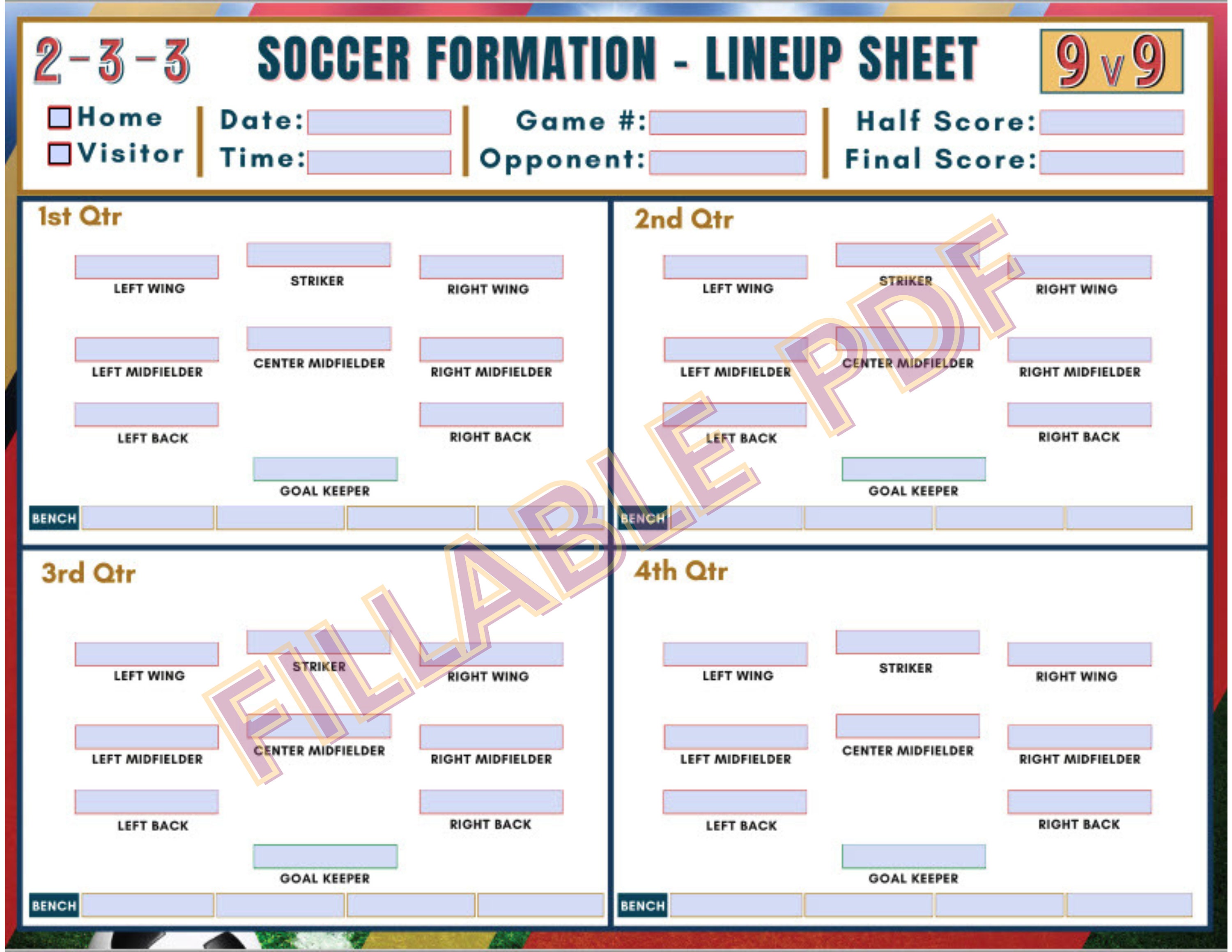 9v9 Soccer Formation Lineup Sheet, Editable PDF, Soccer Training 9v9 Soccer Formation Lineup Sheet, Editable PDF, Soccer Training