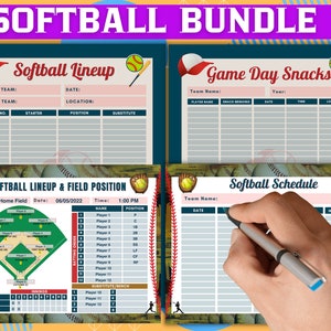 Pacote de softball para impressão, modelo de programação de softball, posição de campo, lanches para o dia do jogo, cartão de escalação de softball, download digital, mãe de beisebol