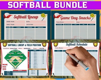 Paquete de softbol imprimible, plantilla de calendario de softbol, posición en el campo, bocadillos para el día del juego, tarjeta de alineación de softbol, descarga digital, Baseball Mom