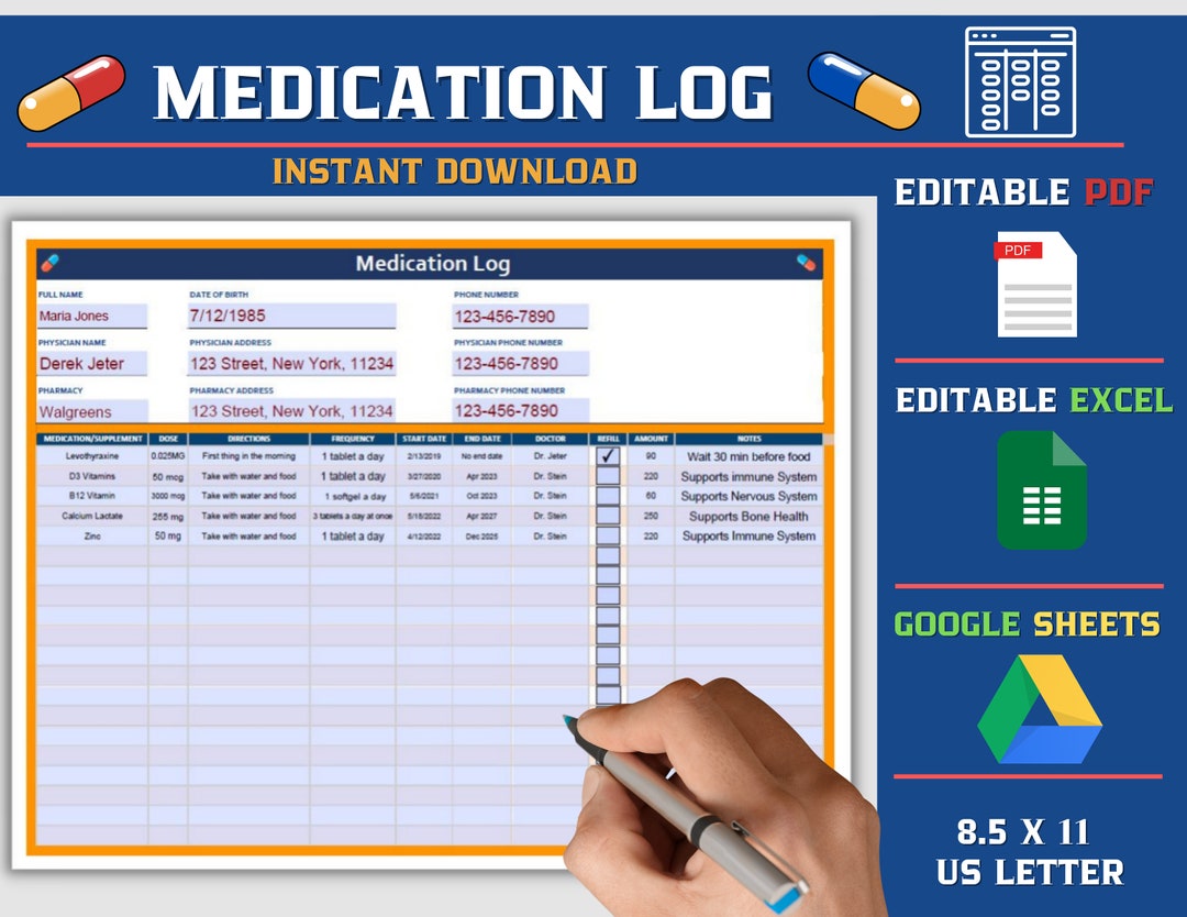 Printable Medication Log, Google Sheets, Printable Medication Tracker