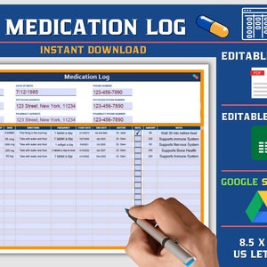 Afdrukbaar medicatielogboek, Google Spreadsheets, afdrukbare medicatietracker, invulbare medicatiegrafiek, supplementtracker, digitale sjabloon