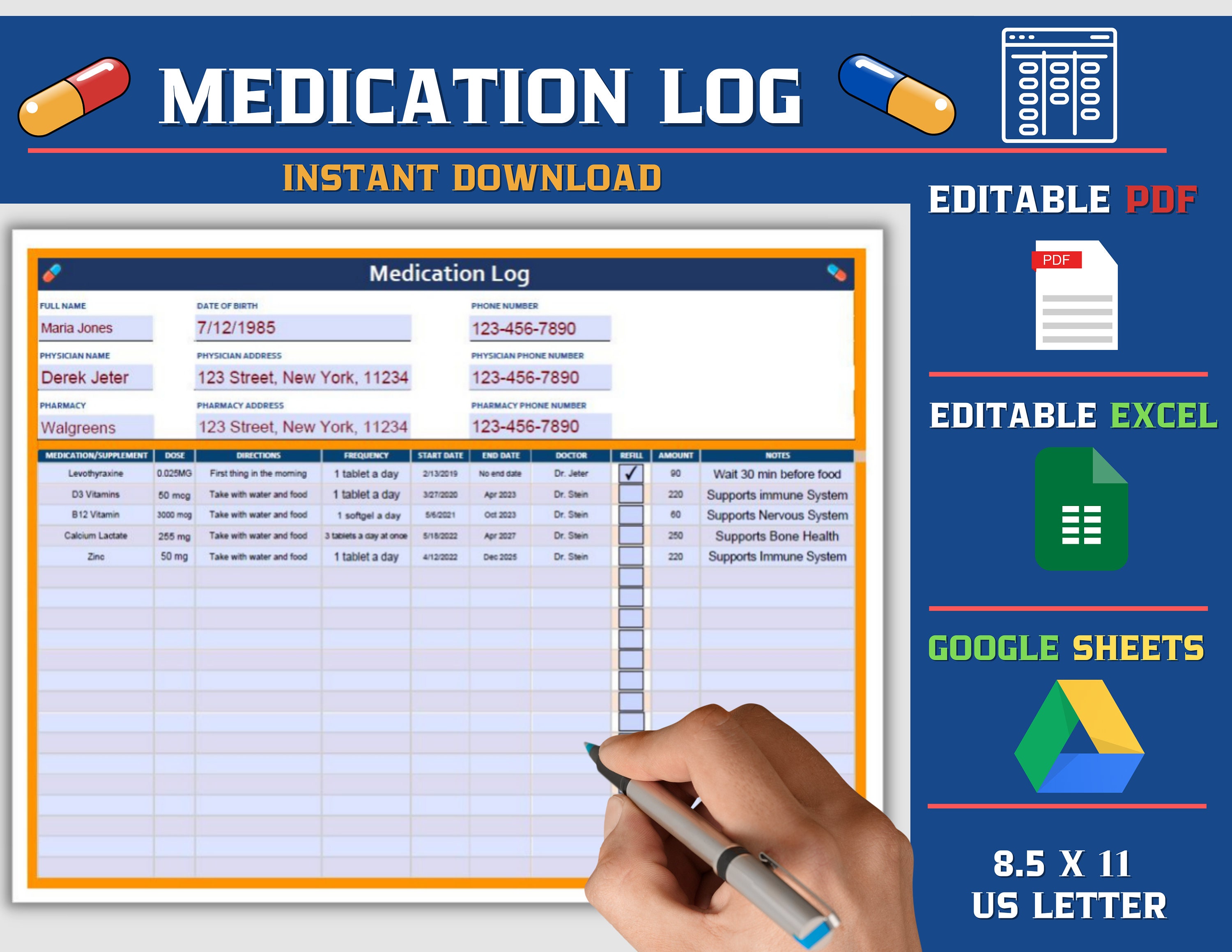 Printable Medication Log, Google Sheets, Printable Medication Tracker Printable Medication Log, Google Sheets, Printable Medication Tracker