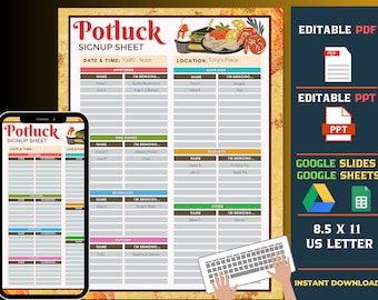 Hoja de registro editable para comida compartida, Hojas de cálculo de Google para comida compartida, Plantilla de Google Slides, Plantilla PDF rellenable, Plantilla de PowerPoint, Comida compartida