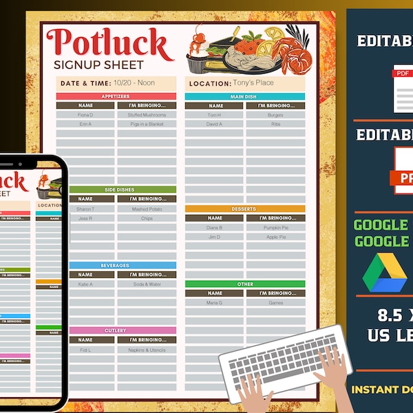 Bearbeitbares Potluck-Anmeldeblatt, Potluck Google Sheets, Google Slides-Vorlage, ausfüllbare PDF-Vorlage, Power Point-Vorlage, Food Potluck