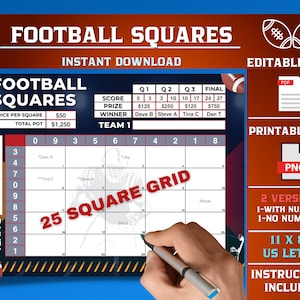 Football Squares, 25 Square Grid, Editable PDF Template, Printable PNG File, Football Boxes, Super Squares, 5x5 Squares, Football Pool