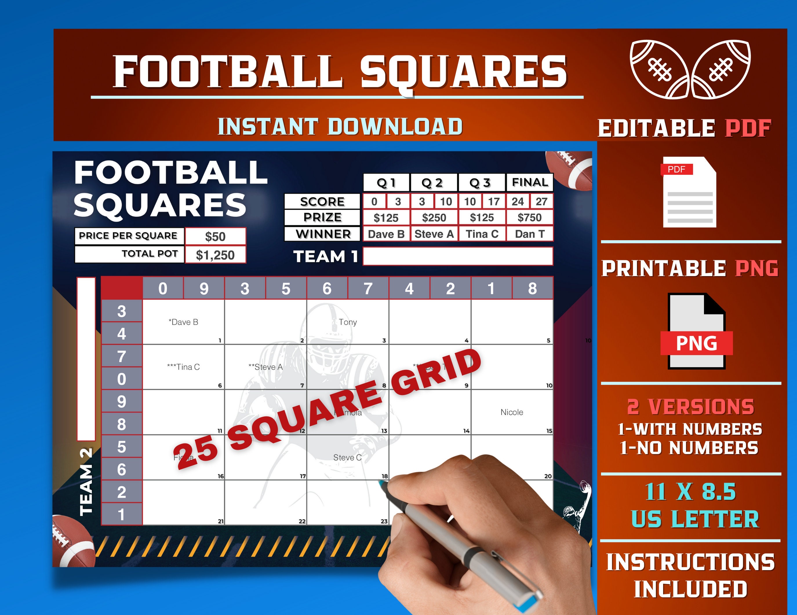 Football Squares, 25 Square Grid, Editable PDF Template, Printable PNG Football Squares, 25 Square Grid, Editable PDF Template, Printable PNG