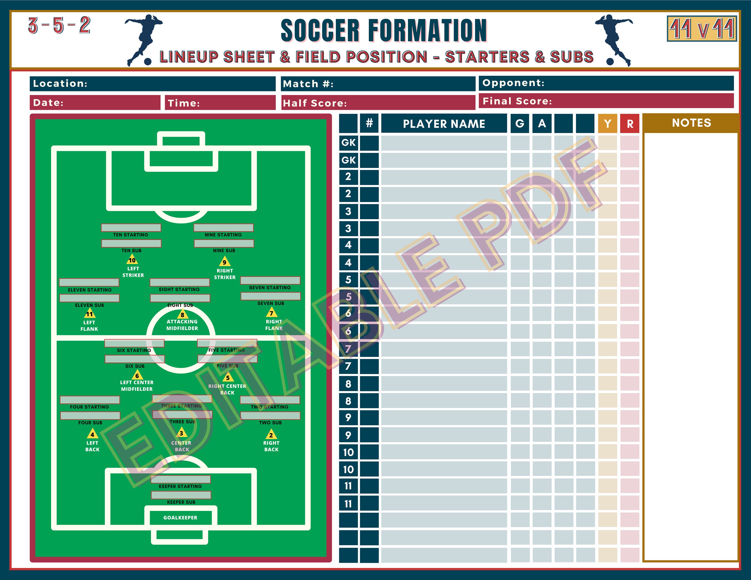 11v11 Soccer Formation Lineup Sheet With Starters and Subs, Fillable