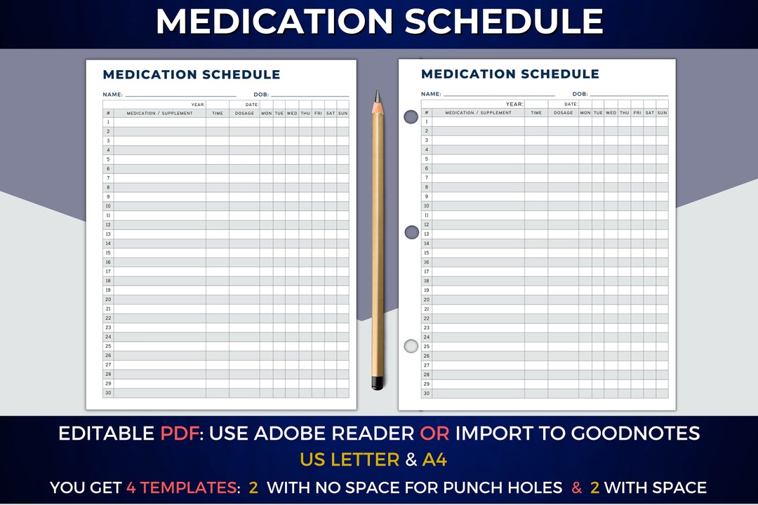 Medication Schedule Printable, Editable PDF, Goodnotes Template ...