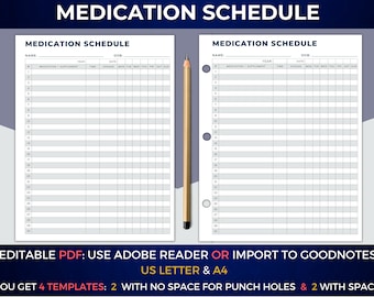 Medication Schedule Printable, Editable PDF, GoodNotes Template, Medication Log, Instant Download, Medication Tracker, Vitamin Tracker