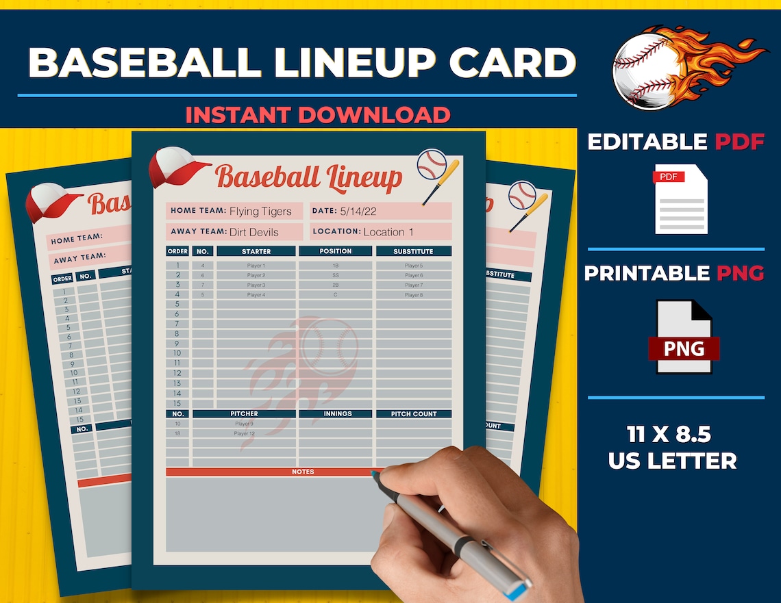 Printable Baseball Lineup Card, Player Lineup Card, Baseball Batting