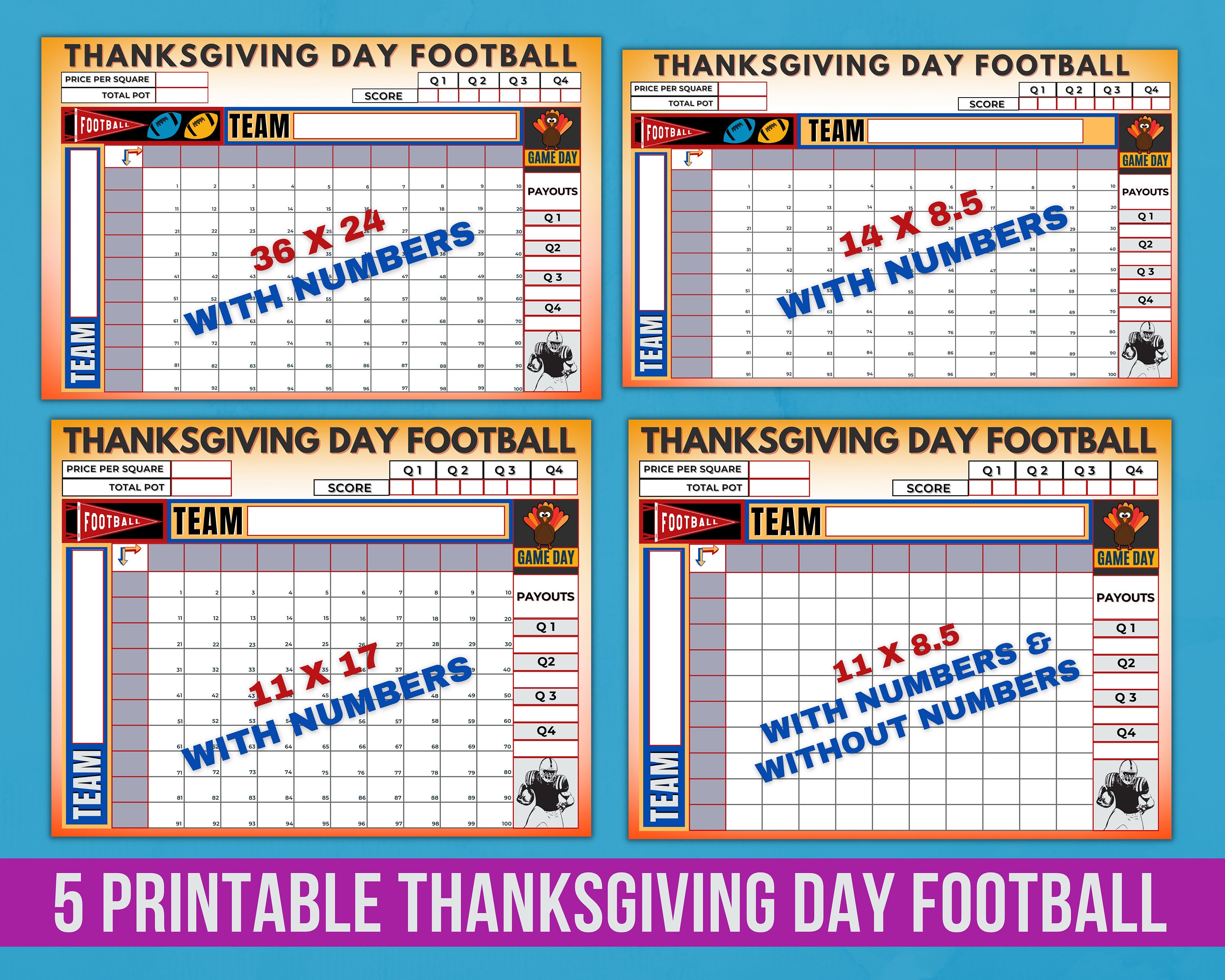 Thanksgiving Day Football Squares, Printable Templates in 4 Sizes