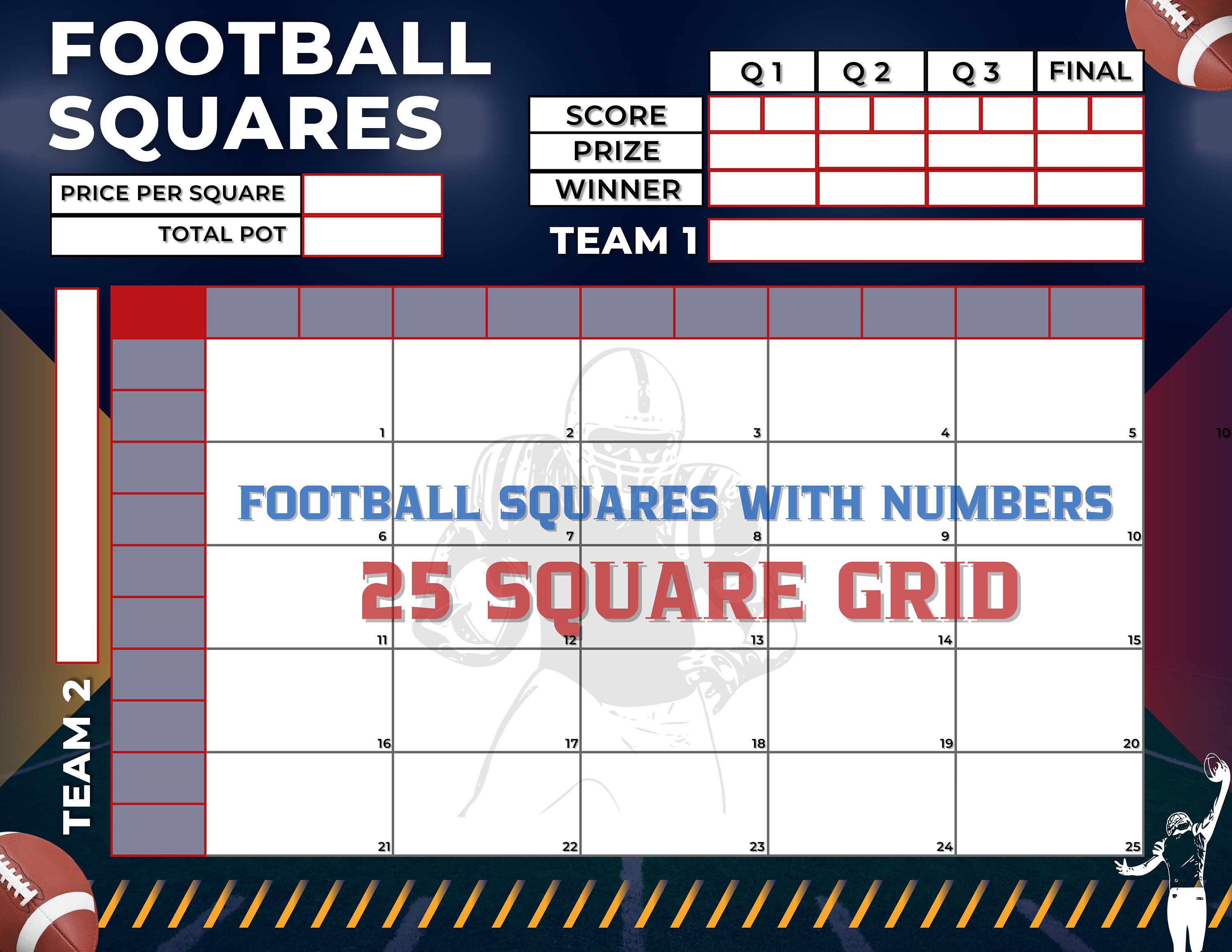 Football Squares, 25 Square Grid, Editable PDF Template, Printable PNG ...