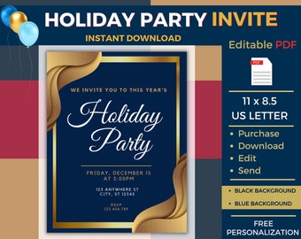May include: Editable PDF template for a holiday party invitation. The invitation features a blue background with gold accents and the text "Holiday Party". The text "We invite you to this year's Holiday Party" is also included. The invitation is 11 x 8.5 inches, which is the standard size for US letter paper.