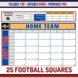 Football Squares Template 25, 25 Square Grid, Printable Football Squares 25, Football Boxes, The Big Game, 5x5 Squares, Football Pool