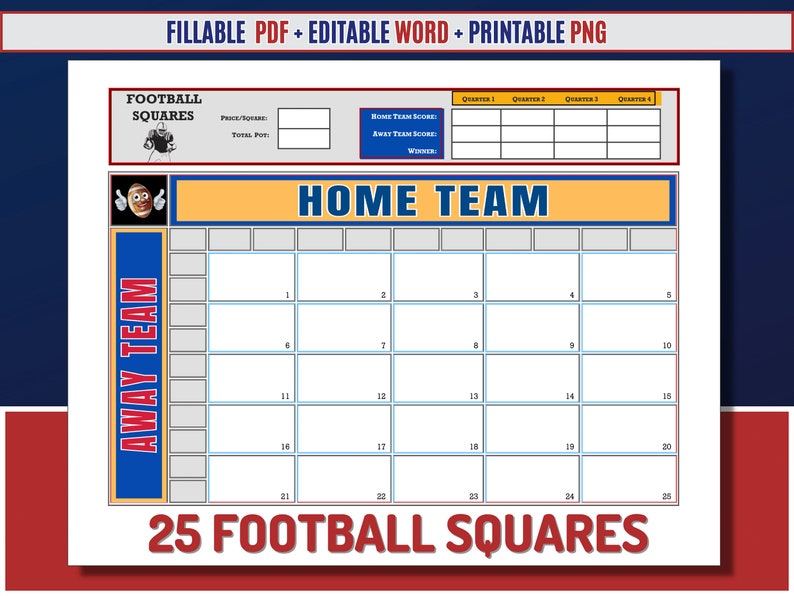 Football Squares Template 25, 25 Square Grid, Printable Football Football Squares Template 25, 25 Square Grid, Printable Football