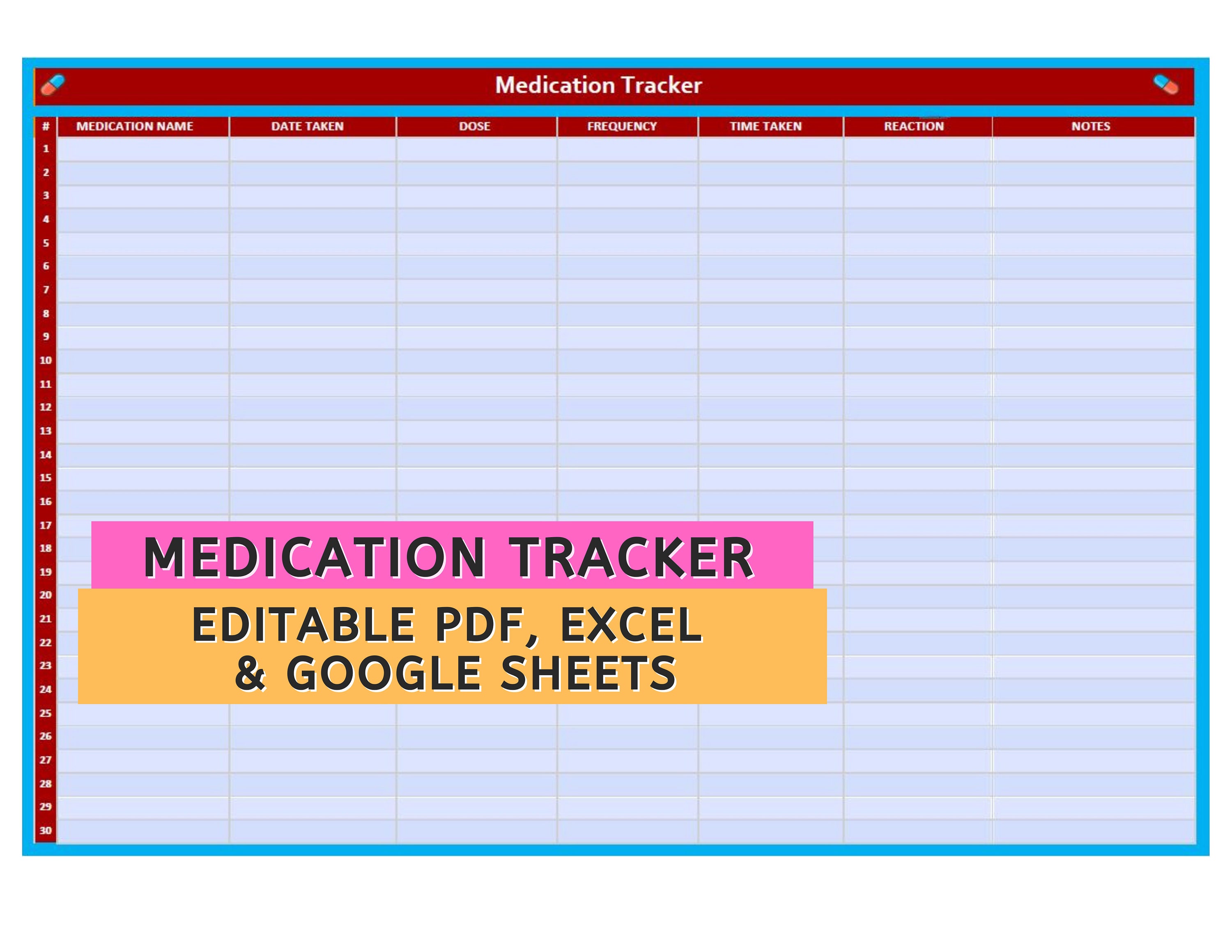 Medication Tracker Editable Template Printable Medicine Tracker Excel
