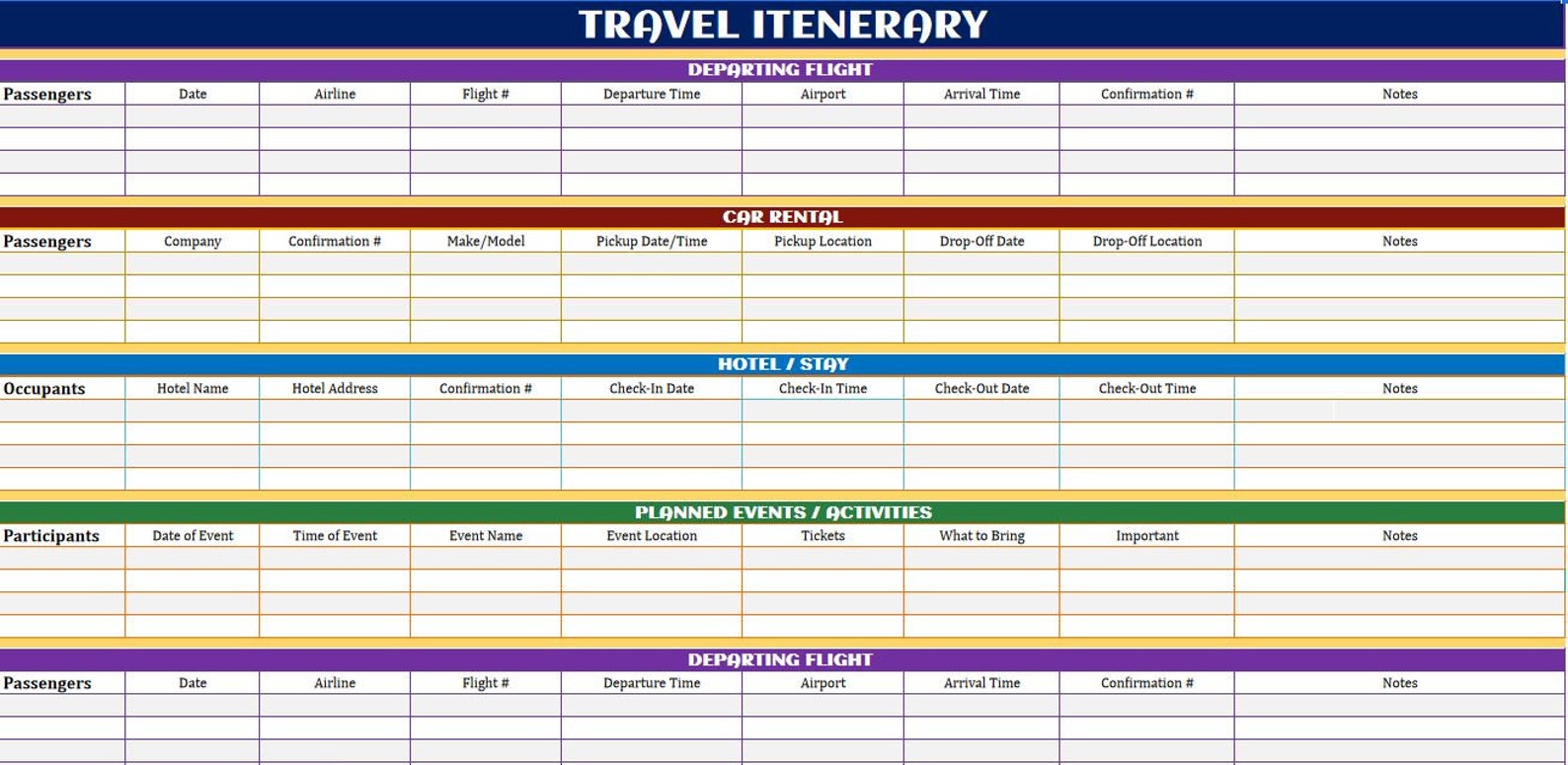 Travel Itinerary Google Sheets Template Google Sheets Etsy Ireland