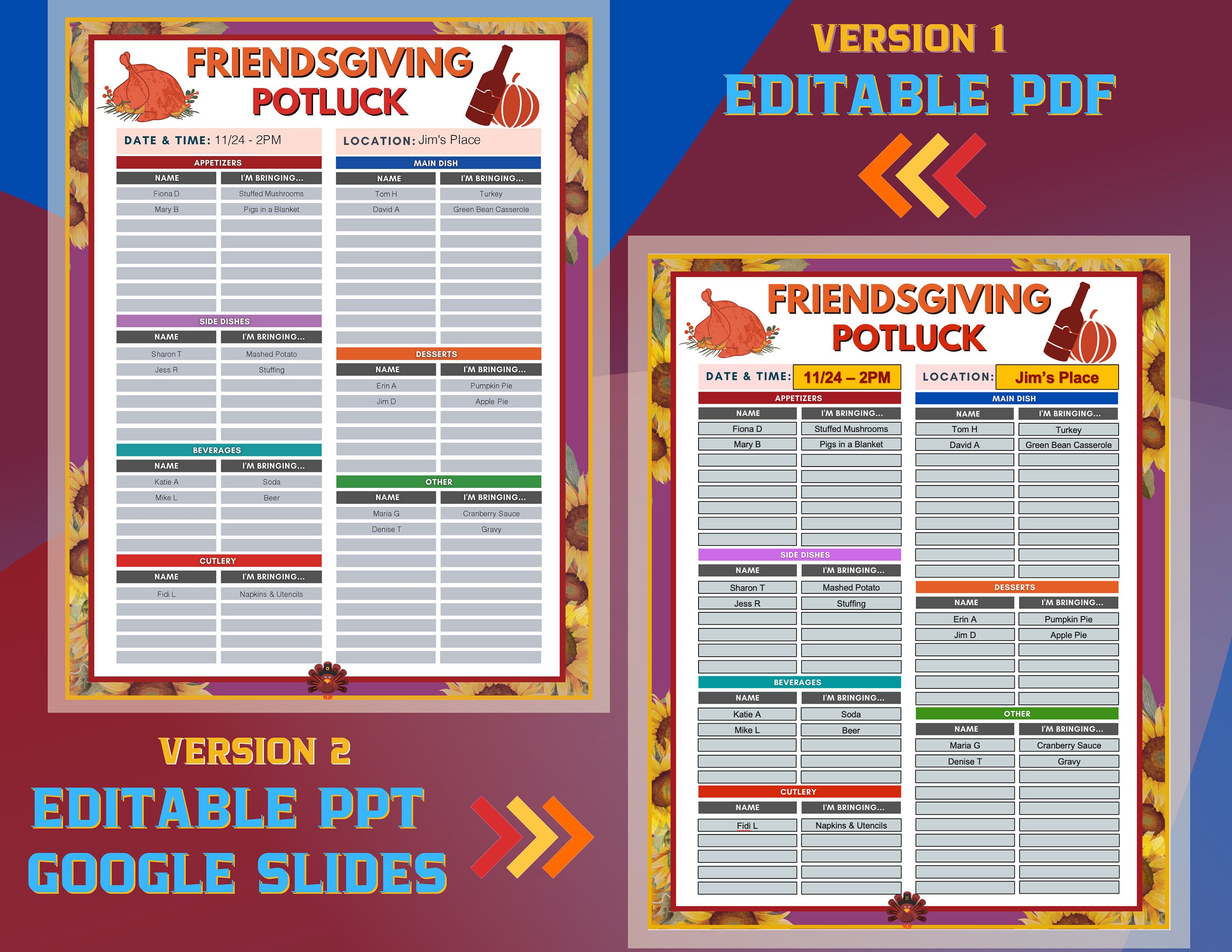 Friendsgiving Potluck Sign up Sheet, Google Slides, Editable PDF, Food
