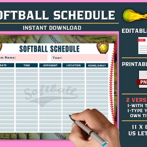 Softball Schedule Template, Editable Template, Printable Practice Schedule, Digital Download Softball, Tball Game Schedule, Instant